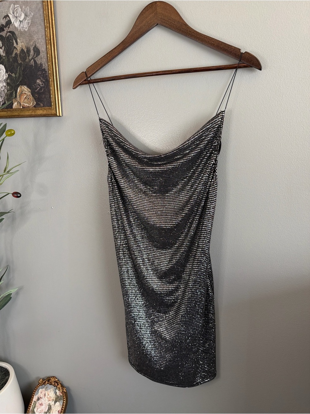 Topshop Silver Metallic Shimmer Cowl Neck Mini Slip Dress US 2 Y2K Party Club - Picture 3 of 9